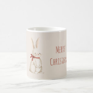 Caneca De Café Coelho Rabbit com Laço Vermelho de Natal