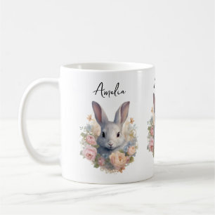 Caneca De Café Coelho Rodeado por Flores Pastel Cute