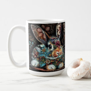 Caneca De Café Coelho Whimsso Rabbit Floral Abstrato Teal Preto