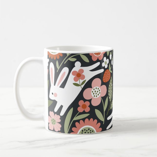 Caneca De Café Coelhos brancos bonitos, padrão de colheita floral (Esquerda)