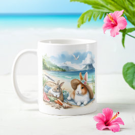 Caneca De Café Coelhos de Aquarela de Verão na praia
