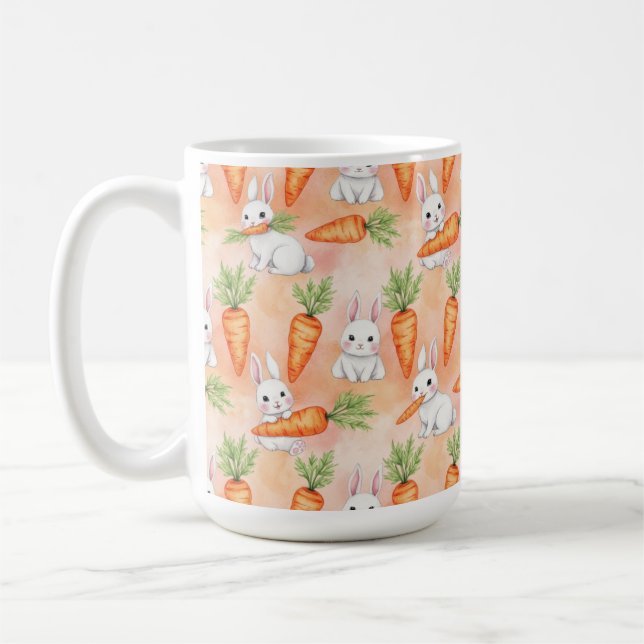 CANECA DE CAFÉ COELHOS DE PÁSCOA BRANCOS E CENOURAS LARANJAS (Esquerda)