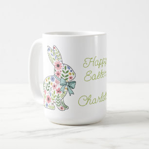 Caneca De Café Coelhos de Páscoa de Flores Silvestres Rosa e Azul