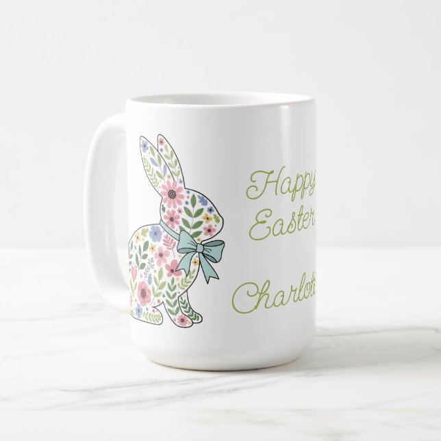 Caneca De Café Coelhos de Páscoa de Flores Silvestres Rosa e Azul (Frente Esquerda)