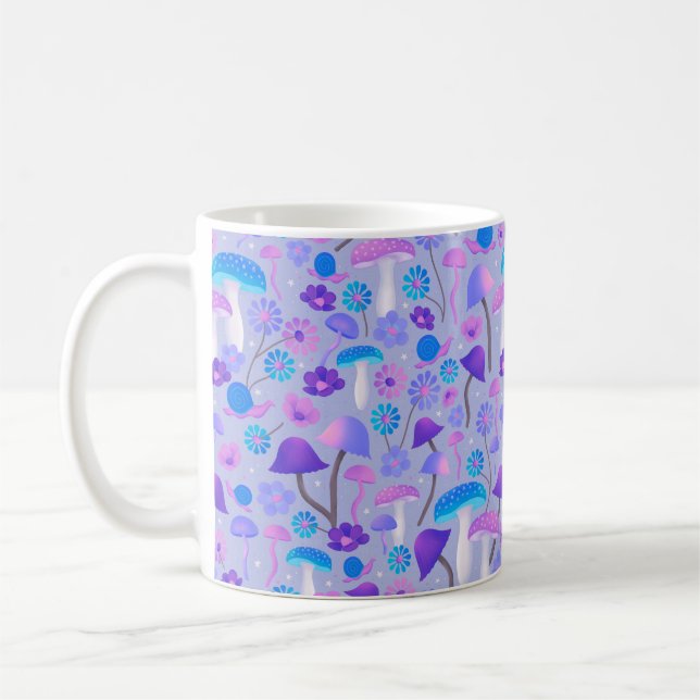 Caneca De Café Cogumelos Botânicos Cutos Flores Turquesa Roxo (Esquerda)