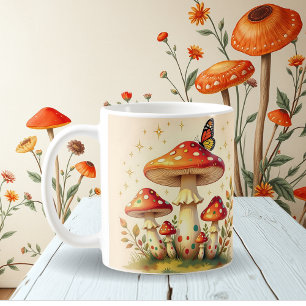 Caneca De Café Cogumelos e Borboleta Retro   Cores Vintage