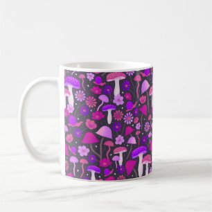 Caneca De Café Cogumelos e flores de triquete, cor-de-rosa, roxo