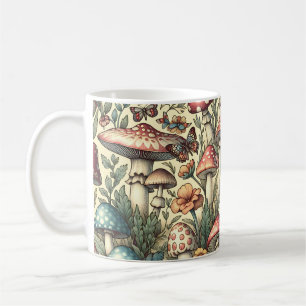 Caneca De Café Cogumelos Vintage, Flores, Borboletas