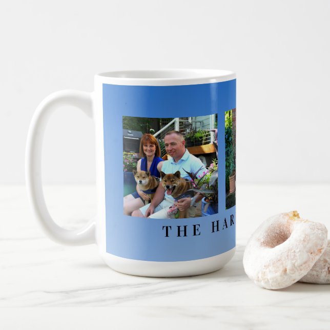 Caneca De Café Colagem da família de fotos azul 3 personalizada m (Com Donut)