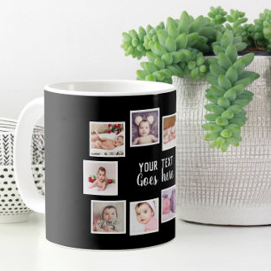 Caneca De Café Colagem de 10 Fotos com Texto Personalizado Preto