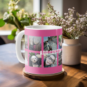 Caneca De Café Colagem de 12 fotos com fundo cor-de-rosa