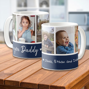 Caneca De Café Colagem de 5 Fotos Azul e Branco Amo Você Papai