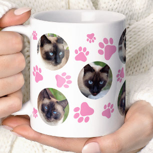 Caneca De Café Colagem de 8 Fotos com Pata de Gato Rosa