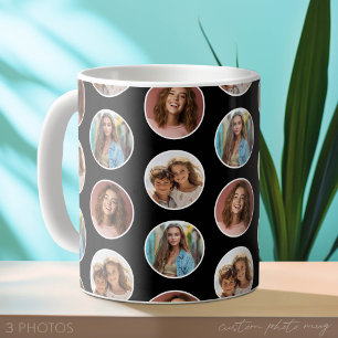 Caneca De Café Colagem de Borda de Círculo de 3 Fotos - Preto Bra