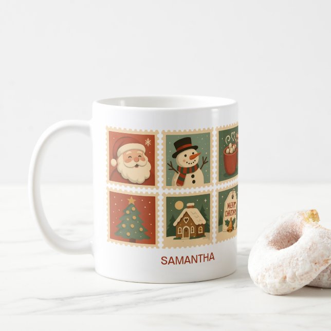 Caneca De Café Colagem de Carimbo de Natal Retroativo Personaliza (Com Donut)