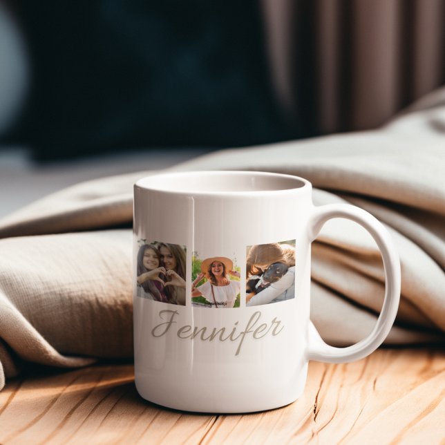 Caneca De Café Colagem de Fitas de Assinatura (“Storytelling coffee mug featuring rectangular photo strip layout with elegant script name detail.”)