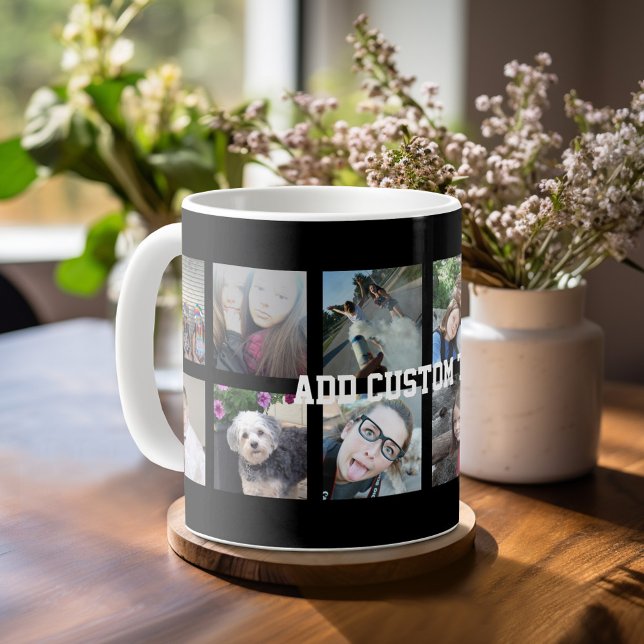 Caneca De Café Colagem de Fotos 12 com Fundo Preto (Mug template with 12 photos and a Text Block)