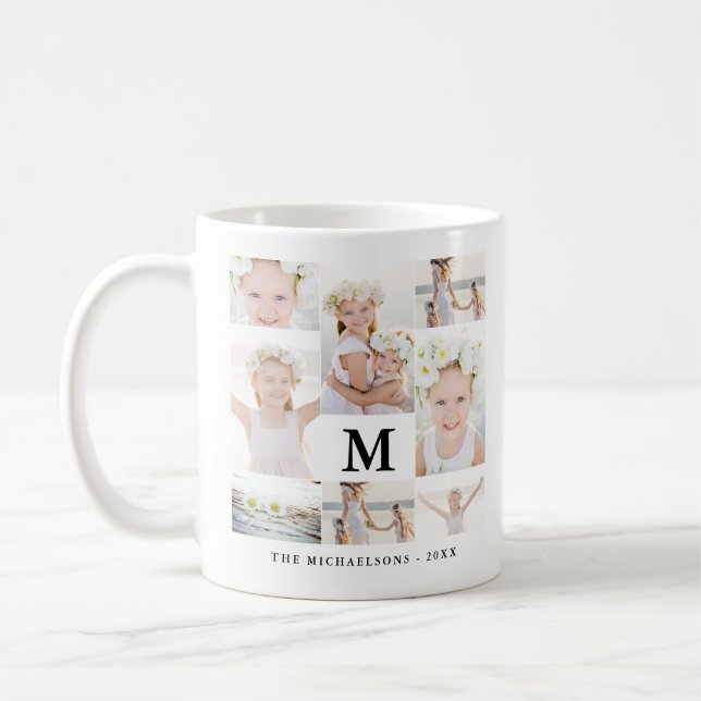 Caneca De Café Colagem de Fotos Clássica com Monograma e Nome (Esquerda)