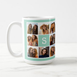 Caneca De Café Colagem de Fotos com Hortelã e Branco com Monogram