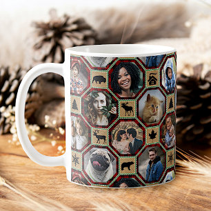 Caneca De Café Colagem de Fotos da Família Vermelha Xadrez Negra