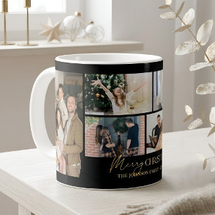 Caneca De Café Colagem de Fotos de Família Elegante Preto Dourado