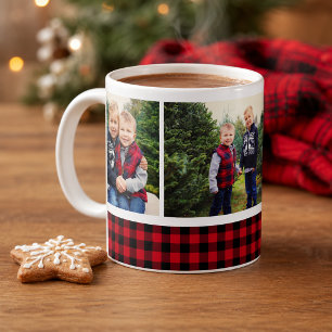 Caneca De Café Colagem de Fotos de Férias em Xadrez Búfalo Vermel