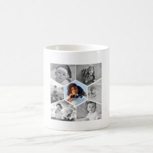 Caneca De Café Colagem de Fotos de Hexágono Preto e Branco