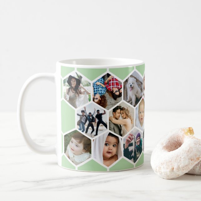 Caneca De Café Colagem de Fotos de Mel Hexagonal Verde 20 Imagens (Com Donut)