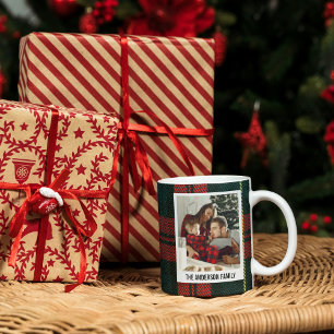 Caneca De Café Colagem de Fotos de Natal Xadrez Vermelho e Verde 