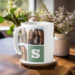 Caneca De Café Colagem de Fotos de Tendência com Monograma Verde<br><div class="desc">Use 3 fotos quadradas para criar um presente exclusivo e pessoal. Adicione um grande monograma e faça uma caneca personalizada. Se precisar ajustar as fotos,  clique na ferramenta personalizar para fazer alterações.</div>