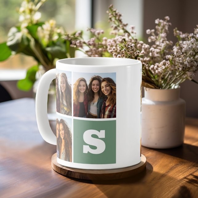Caneca De Café Colagem de Fotos de Tendência com Monograma Verde (Personalized Coffee Mug)