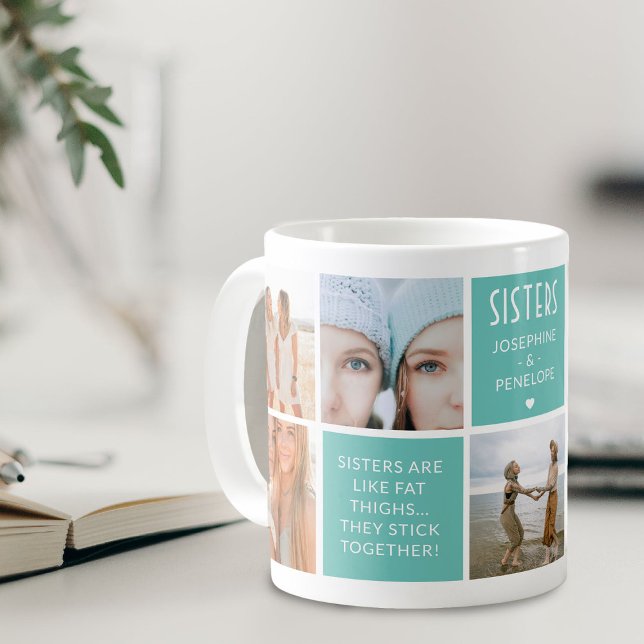 Caneca De Café Colagem de Fotos e Citações de Irmãs Fofas (Criador carregado)