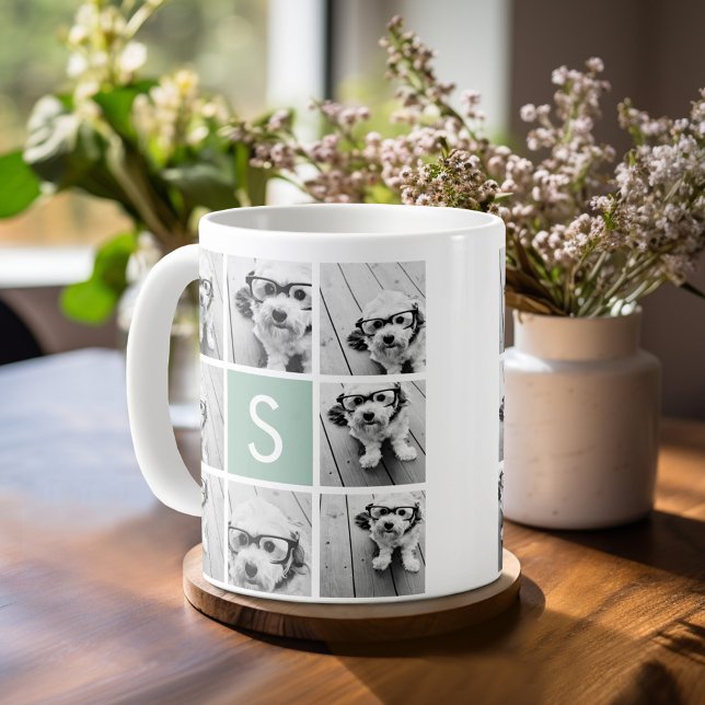 Caneca De Café Colagem de Fotos em Branco e Verde Menta com Monog (Mug template with a place for photos and custom text)