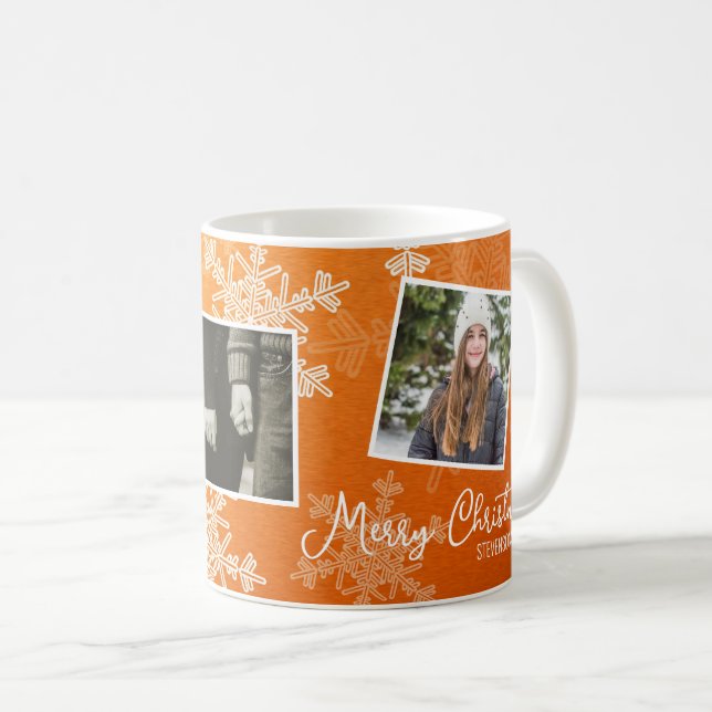 Caneca De Café Colagem de Fotos Feliz Natal Laranja Flocos de Nev (Frente Esquerda)