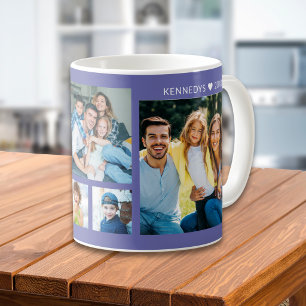 Caneca De Café Colagem de Fotos Moderna de 5 Fotos com Nome da Fa