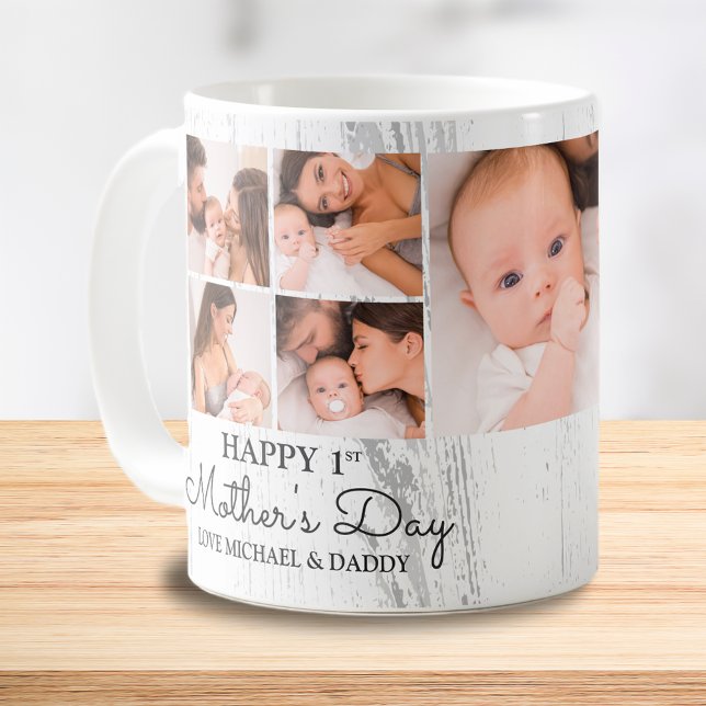 Caneca De Café Colagem de Fotos Moderna e Bonita Feliz Primeiro D (Cute Modern Photo Collage Happy First Mothers Day Coffee Mug)