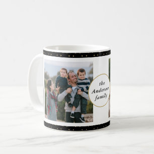 Caneca De Café Colagem de Fotos Moderna Preta e Família Dourada