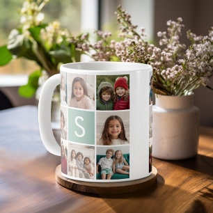 Caneca De Café Colagem de Fotos Monograma Personalizado Verde Men