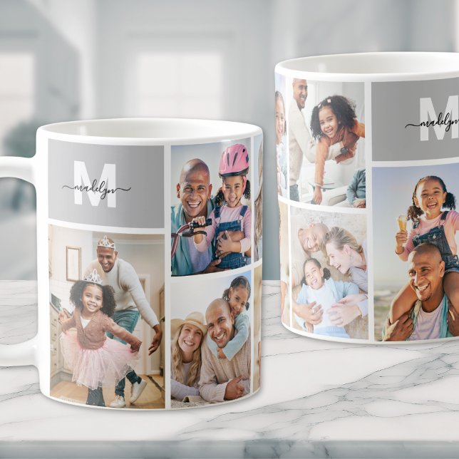 Caneca De Café Colagem de Fotos Monograma Simples (Photo Collage Simple Monogram Picture Coffee Mug)