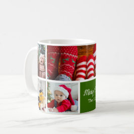 Caneca De Café Colagem de Fotos Natal 5 com Nome da Família, Verd