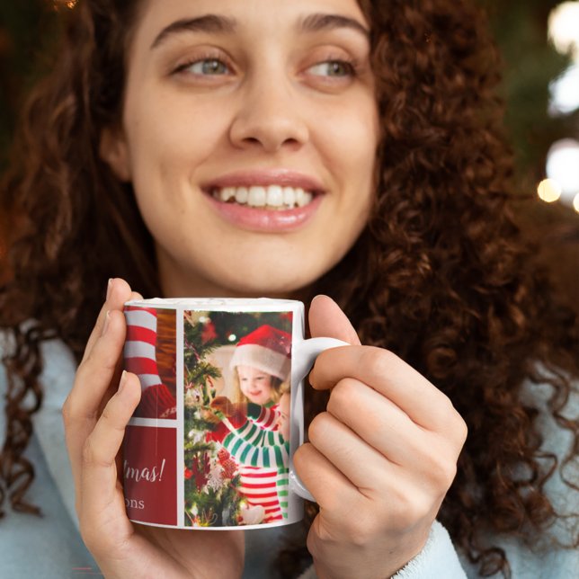 Caneca De Café Colagem de Fotos Natal 5 com Nome da Família, Verm (Criador carregado)