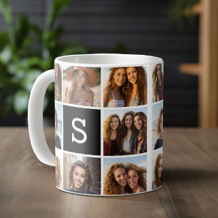 Caneca De Café Colagem de Fotos Preto e Branco com Monograma Pers