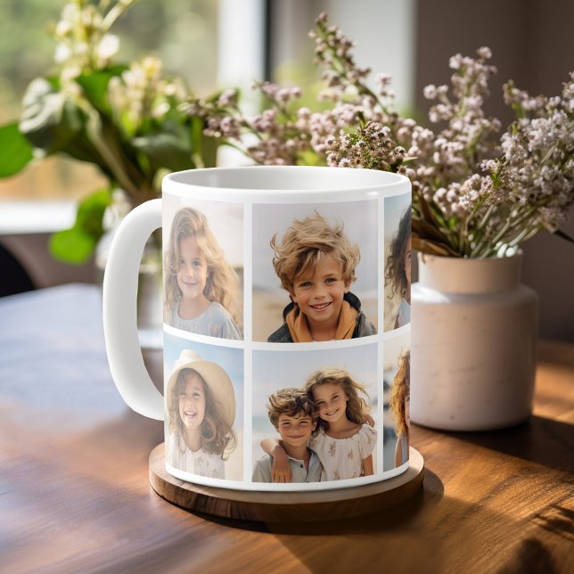 Caneca De Café Colagem de Grade de Foto Mínima Moderna - Branco (Personalized mug template with a funky 8 photo collage )