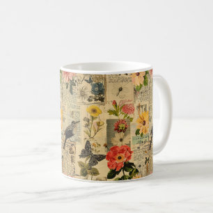 Caneca De Café Colagem de Jornal Floral Pássaro Cantante Vintage