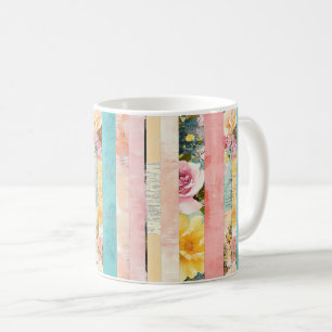 Caneca De Café Colagem de Listras Florais Vintage em Pastéis