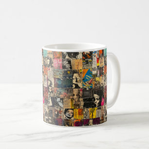 Caneca De Café Colagem de Rock Punk Preto e Branco em Grid de Qua