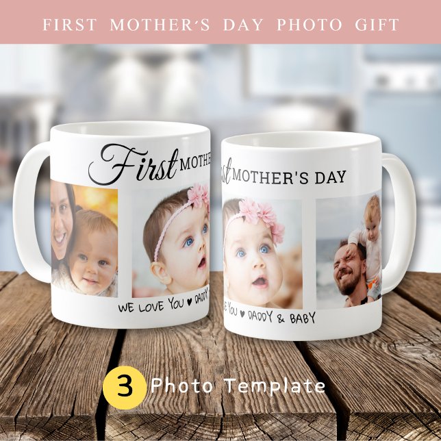 Caneca De Café Colagem Fotográfica Personalizada do Primeiro Dia  (Custom First Mother’s Day 3 Photo Collage New Mom Coffee Mug)