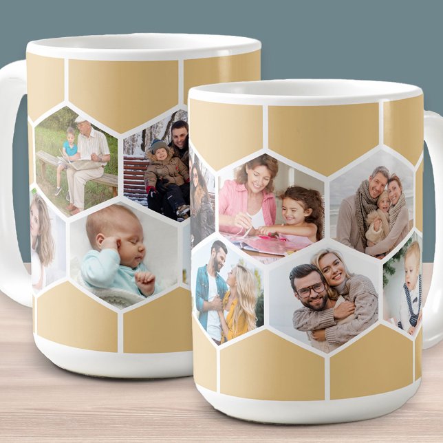 Caneca De Café Colagem Geométrica de Fotos 9 Imagem 15oz (Honeycomb geometric hexagon shape photo mug with 9 pictures in honey beige)