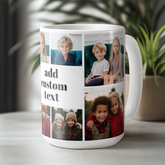 Caneca De Café Colagem Personalizada 8 Fotos - branco com texto p (Custom Photo Mug)