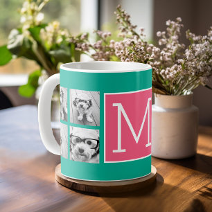 Caneca De Café Colar de Fotos Monograma em Verde Turquesa e Rosa